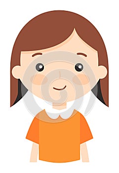 Young girl with brown hair in orange shirt, neutral expression. Child character design, simple kids illustration vector