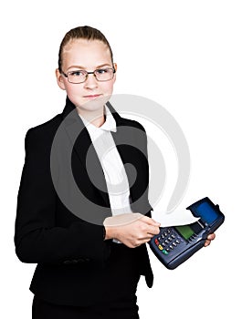 Young girl in a business suit, offers e-card to pay for purchases