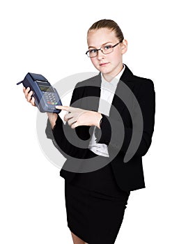 Young girl in a business suit, offers e-card to pay for purchases