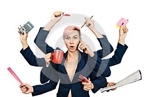 Young girl busy shiva office manager with many hands keeps supplies, isolated on a white background