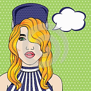 Young girl in cap with speech bubble in pop art comics style. Vector trendy teen girl thinking