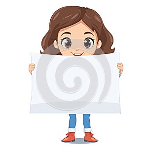 Young girl cartoon character holding blank banner smiling. Female child vector illustration
