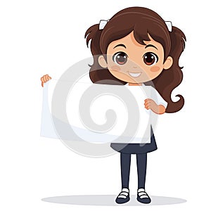 Young girl cartoon character holding blank sign cheerfully. Child school uniform presenting empty photo