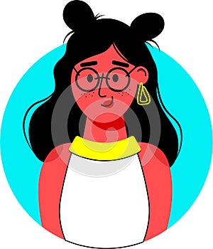 young girl cartoon flat character. beautiful shy and funny smiling woman with the glasses. University student with curly black