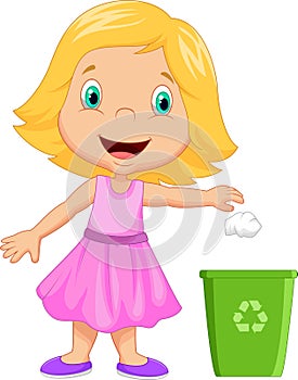 Young girl cartoon throwing trash into litter bin