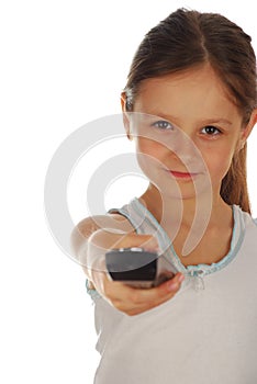Young girl changing channel isolated