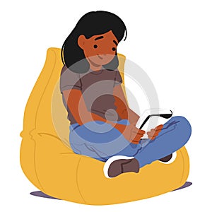 Young Girl Character Engrossed In A Book Sitting on Bean Bag, Her Eyes Wide With Wonder As She Explores Imaginary Worlds