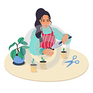 A young girl character plants plants at home.The woman holds in her hands the shovel the garden