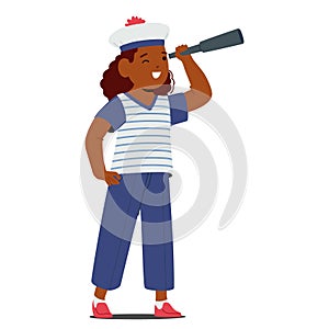 Young Girl Character In A Striped Sailor Costume Peers Through A Spyglass With Curiosity, Isolated On White Background