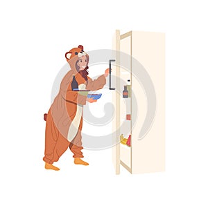Young girl character taking food and drinks from opened kitchen refrigerator for night pajamas party