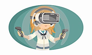 Young Girl Character Wearing VR Headset With Hold Controllers On Teal And White