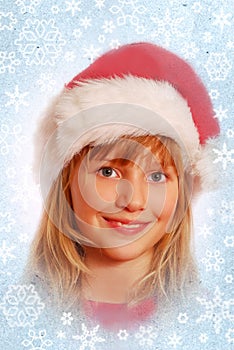 Young girl at christmas time and snow flakes aroun