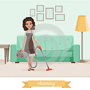 Young girl cleaning floor with vacuum cleaner at living room. Sofa, lamp, table and pictures on wall. Maid service