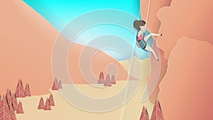 Young girl climbing on rock mountain, paper art/paper cutting style