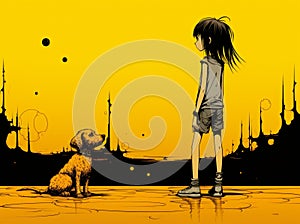 A young girl in a colorful outfit stands next to a medium-sized dog on a yellow background Generative AI