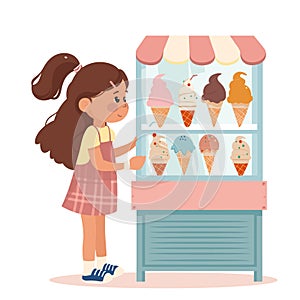 Young girl considering choices ice cream cart display various flavors. Child excitement photo