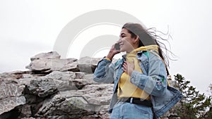 Young Girl Conversation Videochat Mobile Phone Friend Connection Mountains.