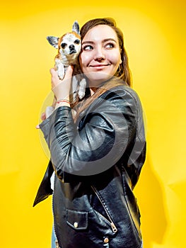 Young girl with a cute little dog on her hands yellow background around. Pretty girl with curvaceous body posing at the