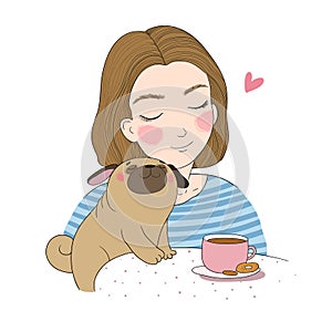 Young girl and a cute pug. beautiful woman and cute puppy