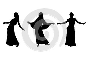 Young girl dancing belly dance. Silhouette of girl dancing Arabic dance. Set of silhouettes. Vector illustration