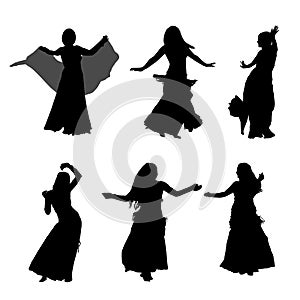 Young girl dancing belly dance. Silhouette of girl dancing Arabic dance. Set of silhouettes. Vector illustration