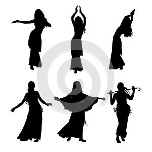 Young girl dancing belly dance. Silhouette of girl dancing Arabic dance. Set of silhouettes. Vector illustration