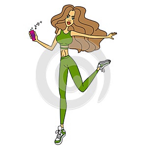 Young girl dancing modern dance, dancer in graceful pose, female character in cartoon style, vector illustration