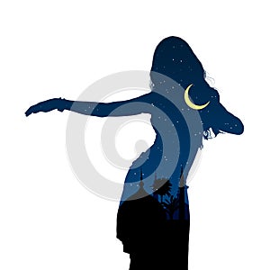 Young girl dancing oriental belly dancing. Silhouette of girl dancing Arabic dance. Night landscape. Vector illustration photo