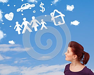 Young girl daydreaming with family and household clouds