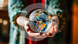 A young girl delicately holds a glass globe in her hands