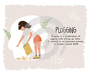 Young girl doing plogging. Eco poster, template