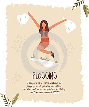 Young girl doing plogging. Eco poster, template
