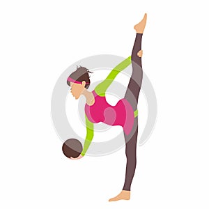 Young girl doing rhytmic gymnastics exercises with gymnastic ball for Infographic isolated on white