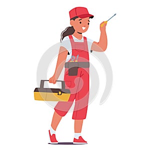 Young Girl Dons A Handyman Costume, Complete With A Toolbox and Screwdriver In Hand. Child Choose Future Profession