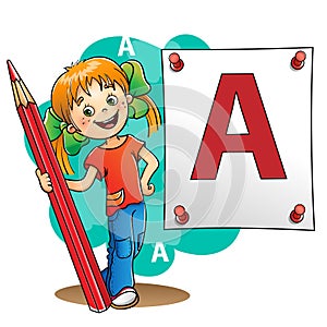 Young Girl drawing a large letter in red pencil