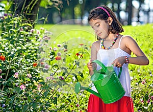 Young Girl in Dress Watering Plants.