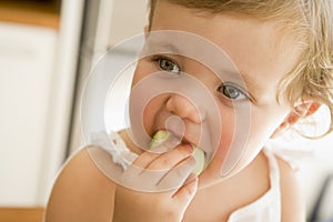 Young girl eating apple indoors