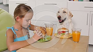 Young girl eating a hamburger - sharing the table with her dog
