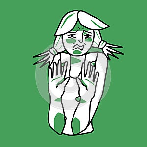 Young girl with emotion of disgust, green and white