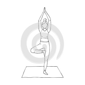 A young girl is engaged in Hatha yoga. stands on one leg. The tree pose. Vrikshasana. Gymnastics, healthy lifestyle. Doodle style