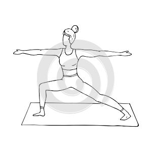 A young girl is engaged in Hatha yoga. The warrior pose. Virabhadrasana Gymnastics, healthy lifestyle. Doodle style. Black and