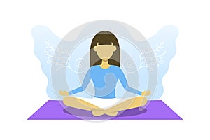 Young girl is engaged in meditation. Vector illustration, yoga sport, free your mind concept. Woman in lotus pose with