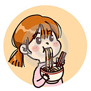 Young Girl Enjoying a Hearty Bowl of Noodles