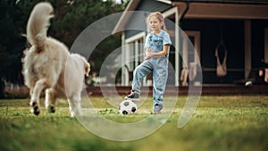 Young Girl Enjoying Time Outside with a Pet Dog, Playing Ball with an Energetic White Golden