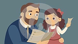 A young girl eyes wide with wonder sits on her fathers lap as he reads the Emancipation Proclamation to her.. Vector photo