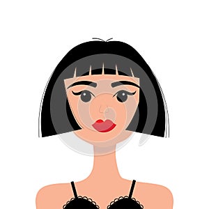 Young girl face. Portrait of woman. Beautiful lady, female. Brunette bob cut hairstyle. Black hair. Red lipstick makeup. Avatar