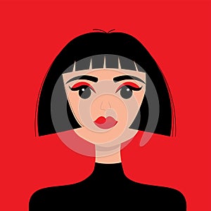 Young girl face. Portrait of woman. Beautiful lady, female. Front view. Brunette bob cut hairstyle. Black hair. Avatar for social