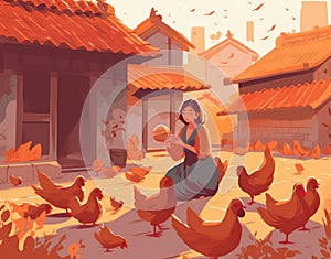 young girl feeding chickens cartoon flat illustration, generative ai