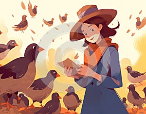 young girl feeding chickens cartoon flat illustration, generative ai