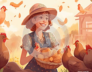 young girl feeding chickens cartoon flat illustration, generative ai